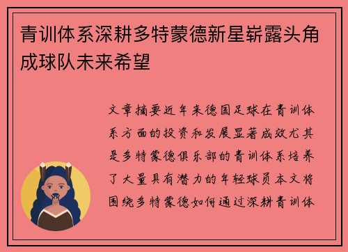 青训体系深耕多特蒙德新星崭露头角成球队未来希望